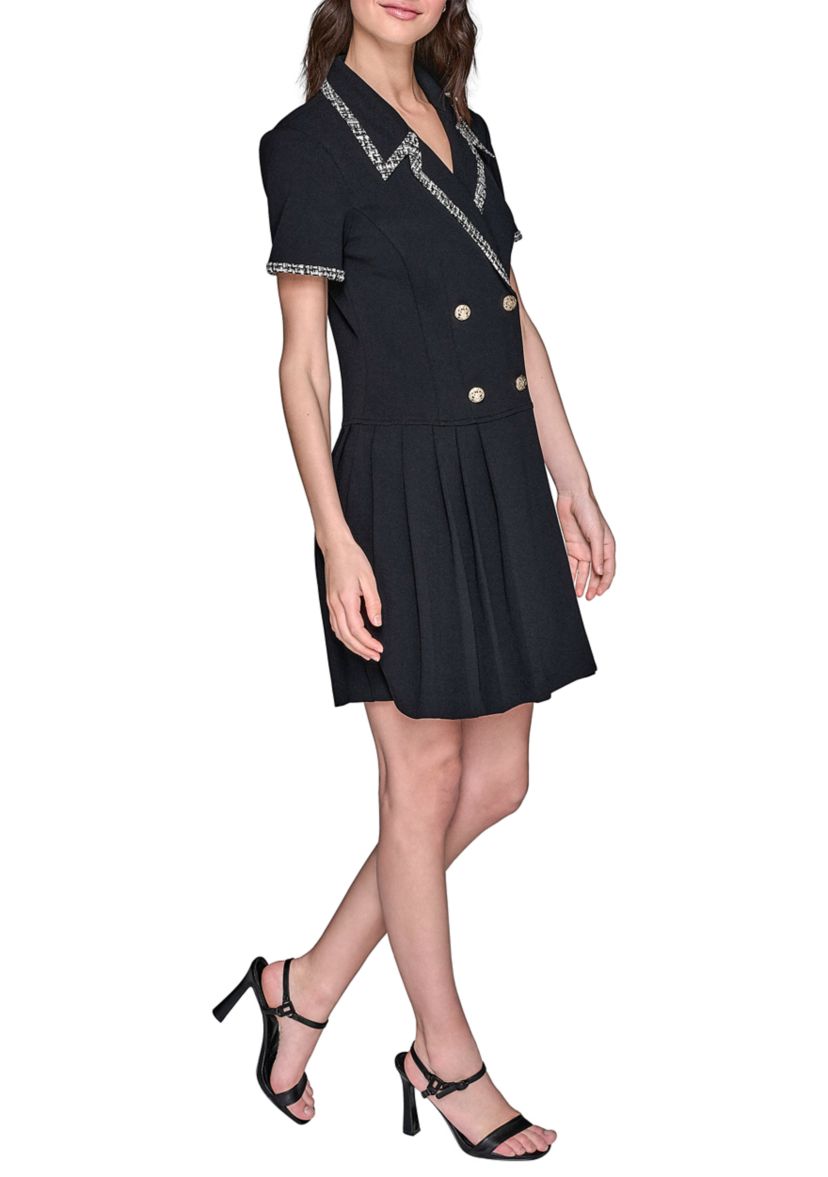 Womens Scuba Crepe Notch Collar Dress with Pleated Skirt