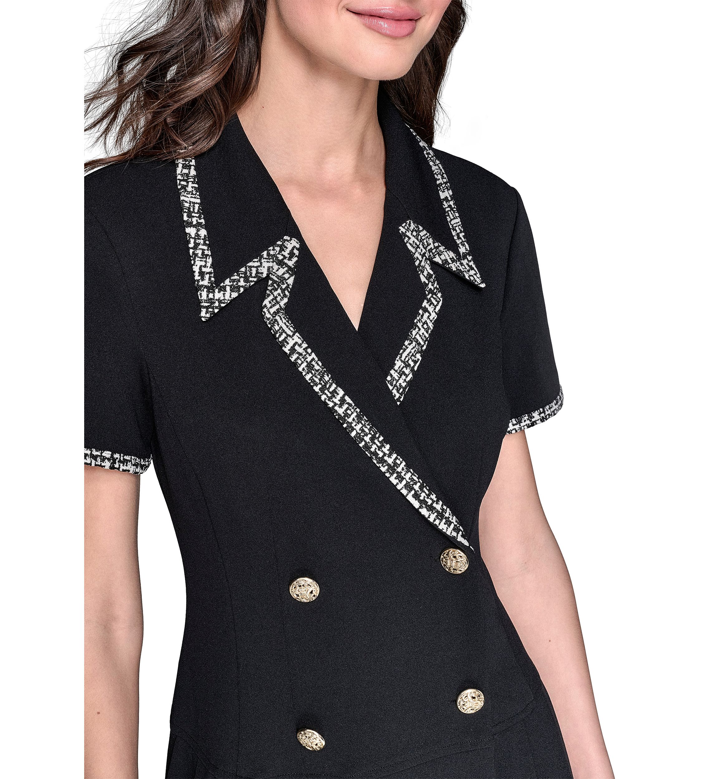 Womens Scuba Crepe Notch Collar Dress with Pleated Skirt