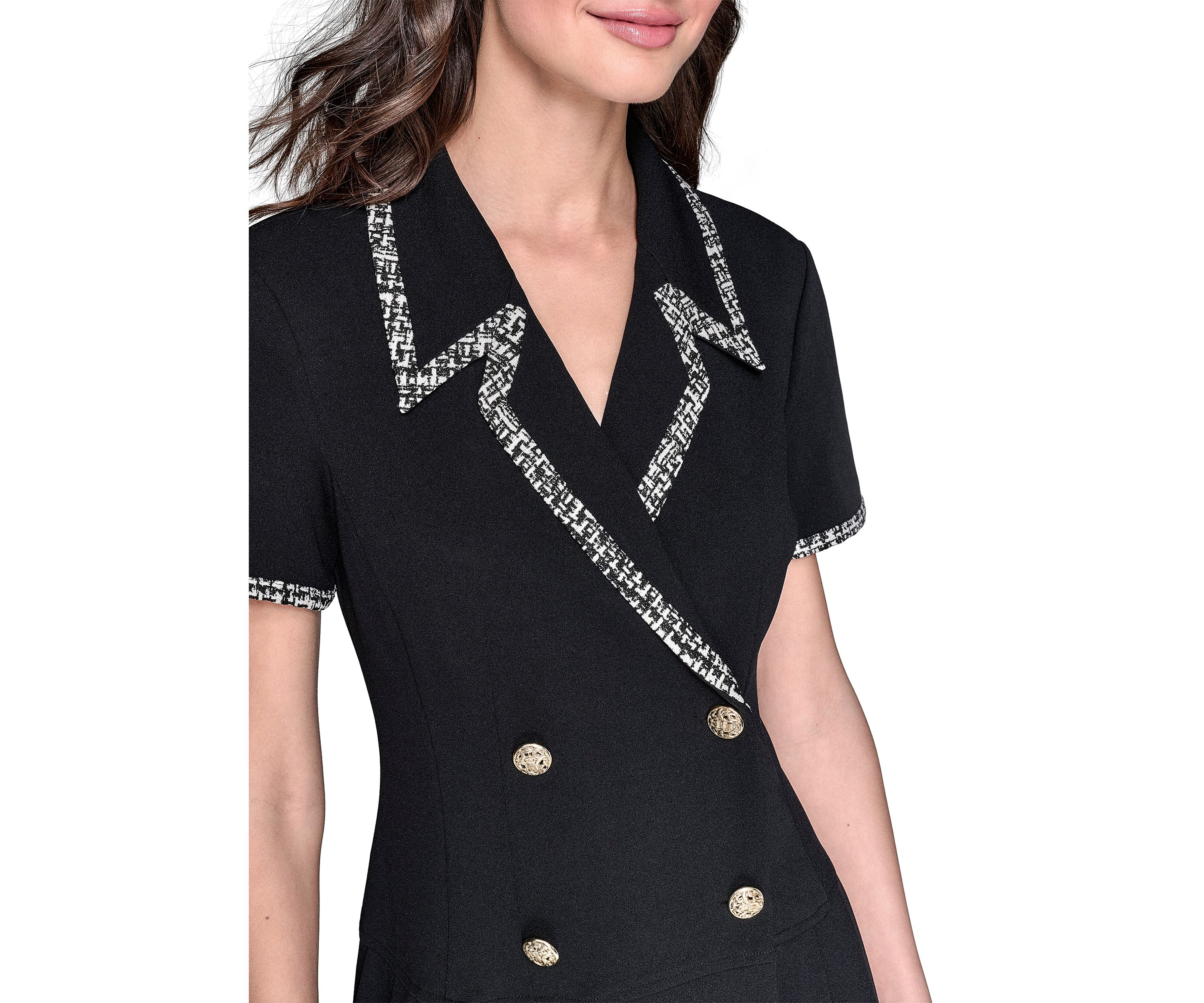 Womens Scuba Crepe Notch Collar Dress with Pleated Skirt