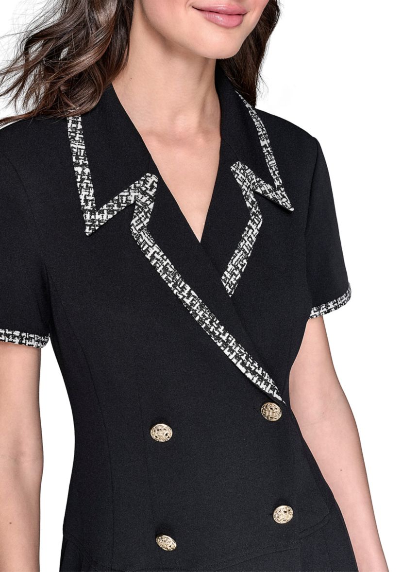 Womens Scuba Crepe Notch Collar Dress with Pleated Skirt