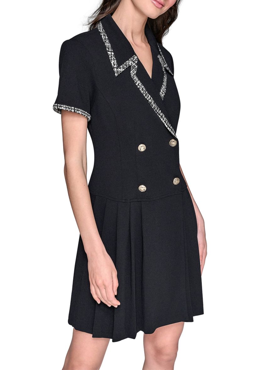 Womens Scuba Crepe Notch Collar Dress with Pleated Skirt