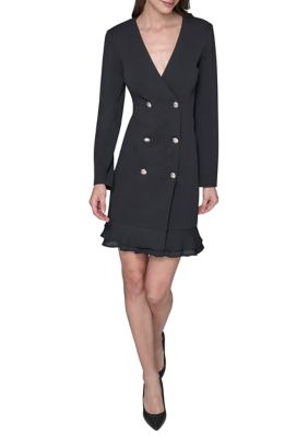 KARL LAGERFELD PARIS Women's Double Breasted Jacket Dress with Flounce Hem, Black, 6
