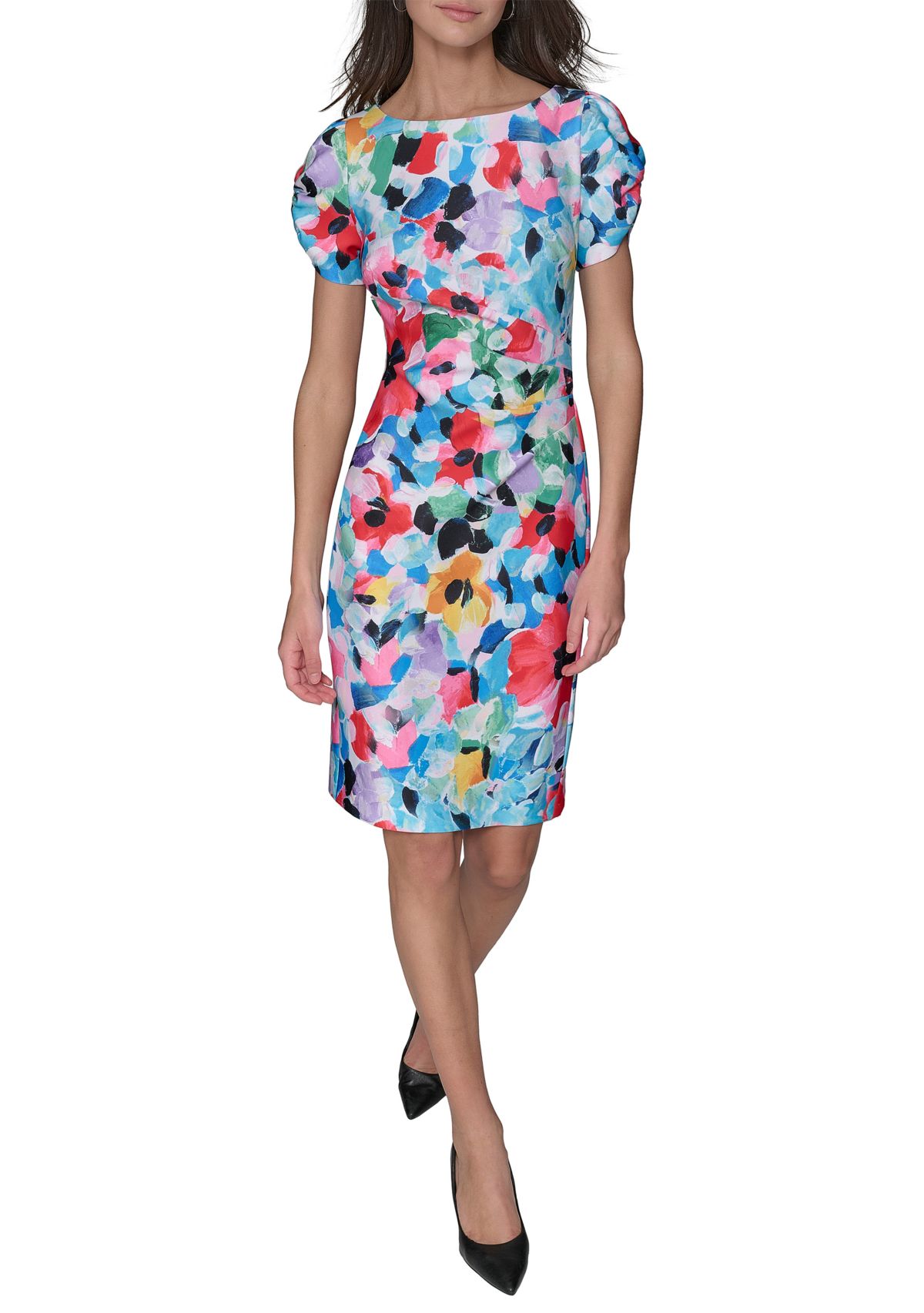 Womens Printed Scuba Sheath Dress with Puff Sleeves