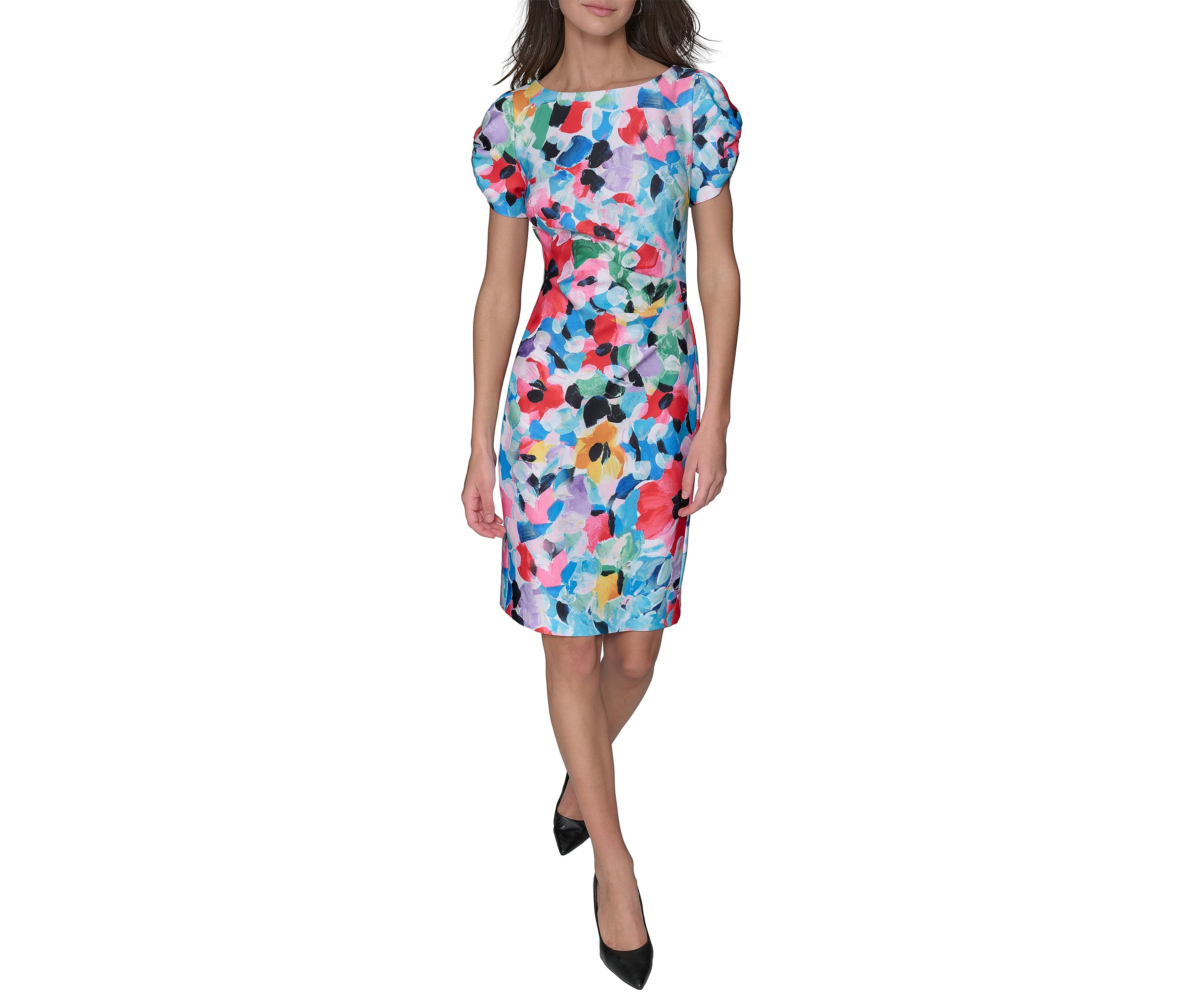 Womens Printed Scuba Sheath Dress with Puff Sleeves