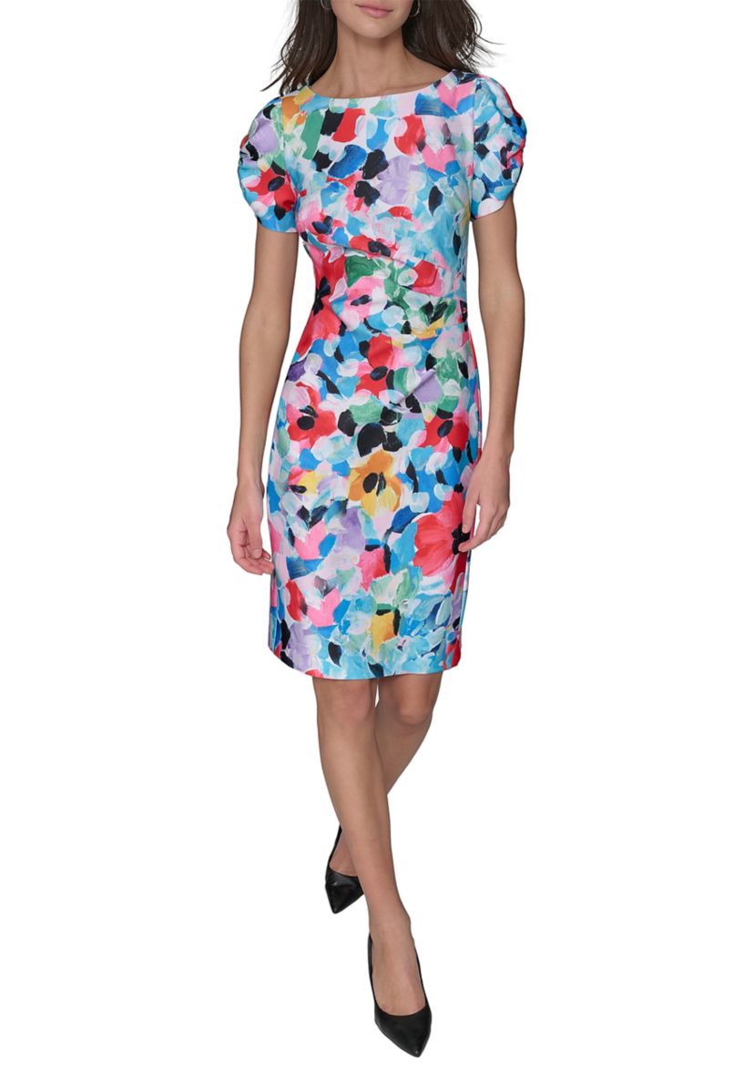 Womens Printed Scuba Sheath Dress with Puff Sleeves