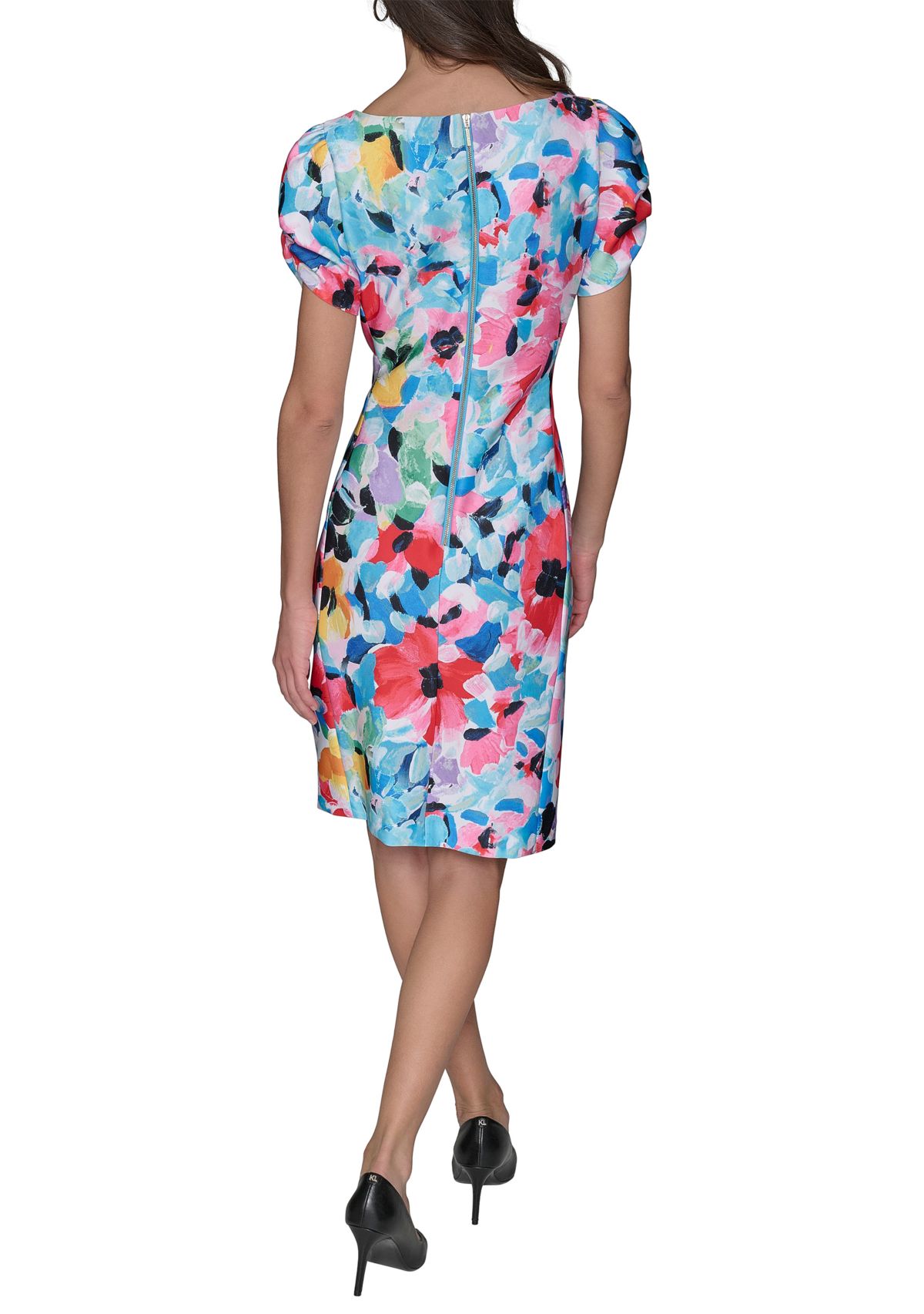 Womens Printed Scuba Sheath Dress with Puff Sleeves