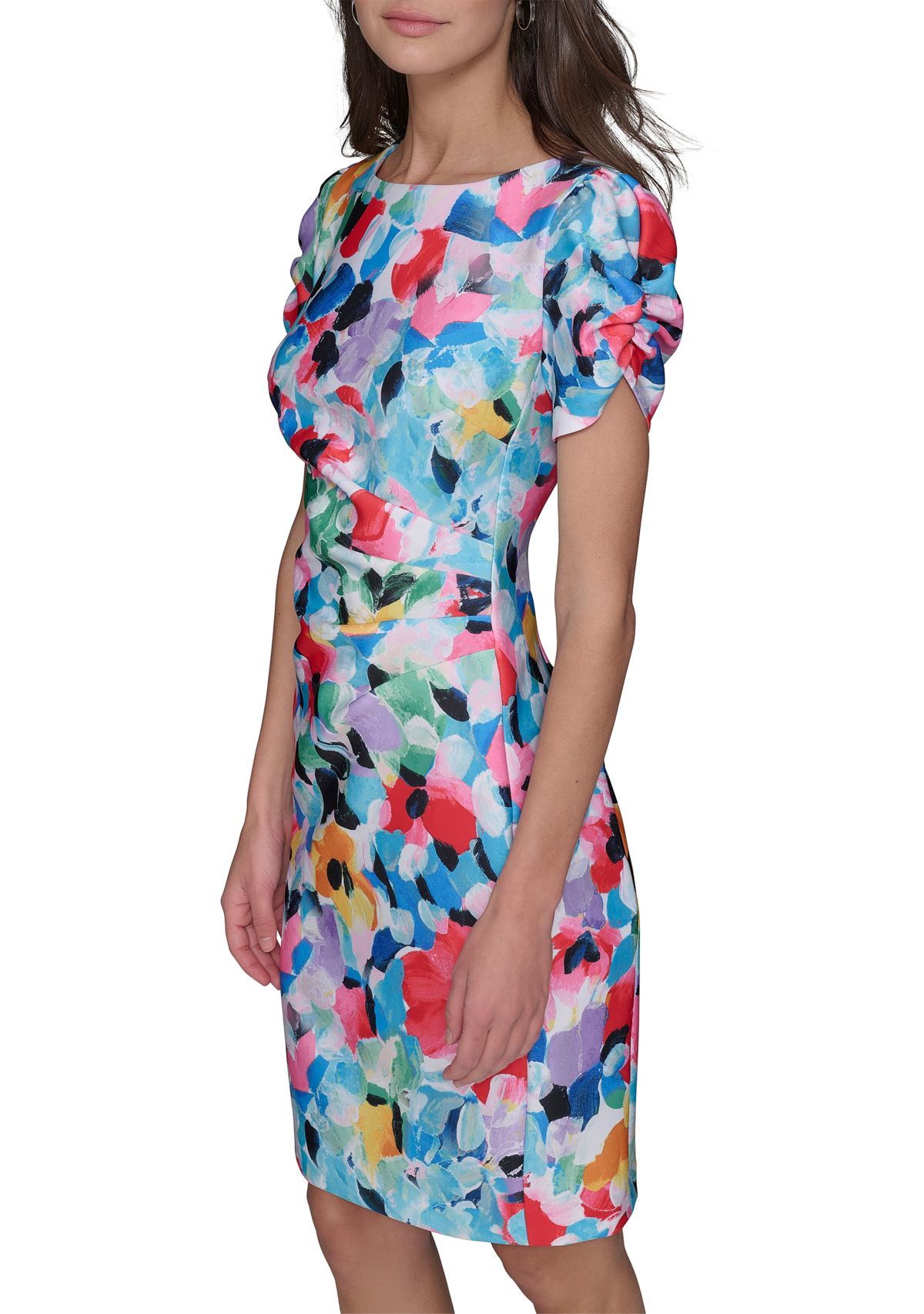 Womens Printed Scuba Sheath Dress with Puff Sleeves