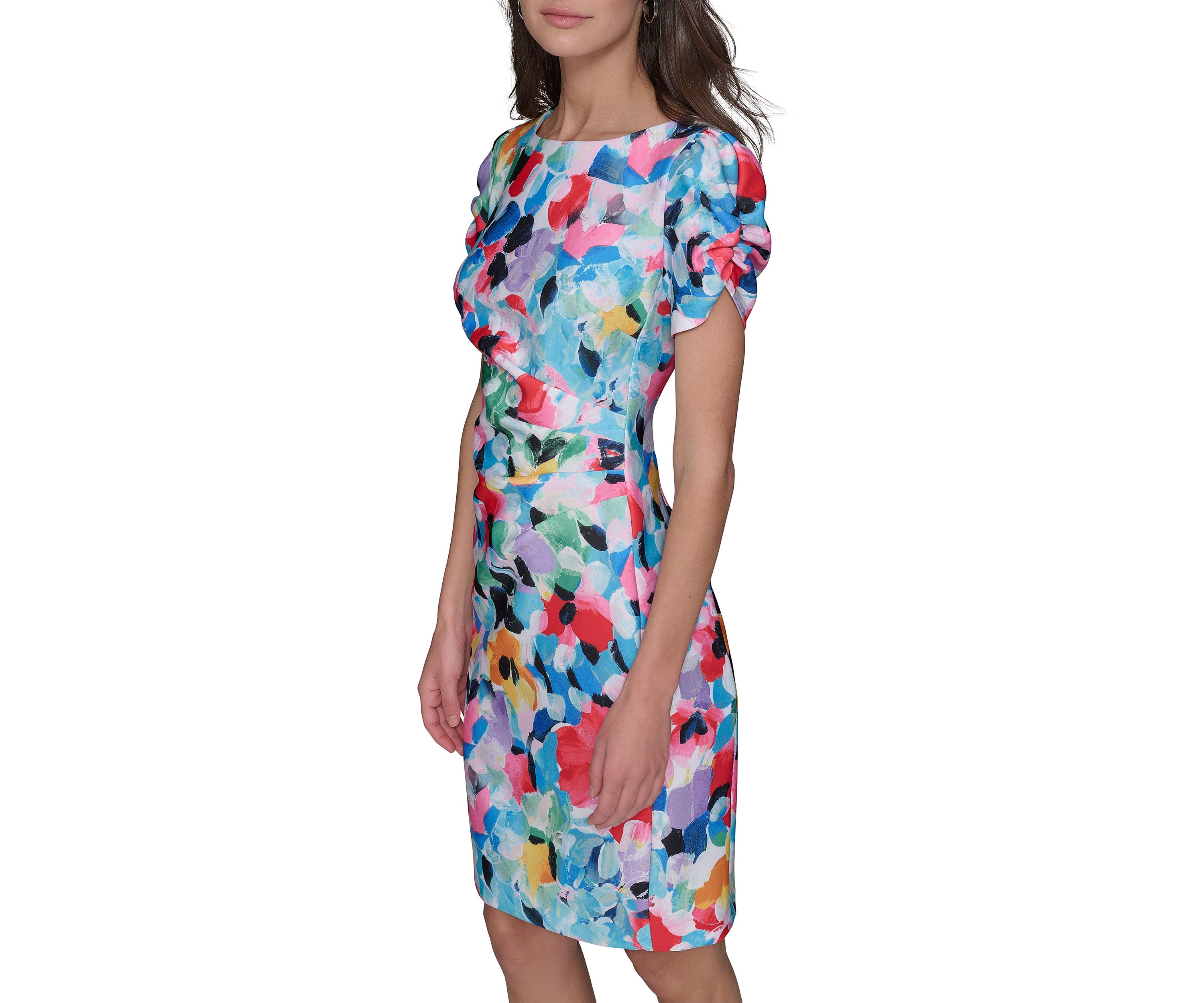Womens Printed Scuba Sheath Dress with Puff Sleeves