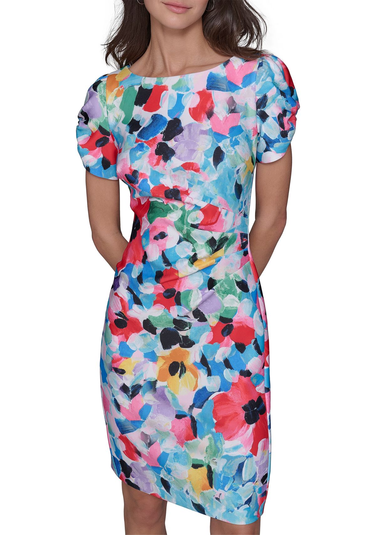 Womens Printed Scuba Sheath Dress with Puff Sleeves
