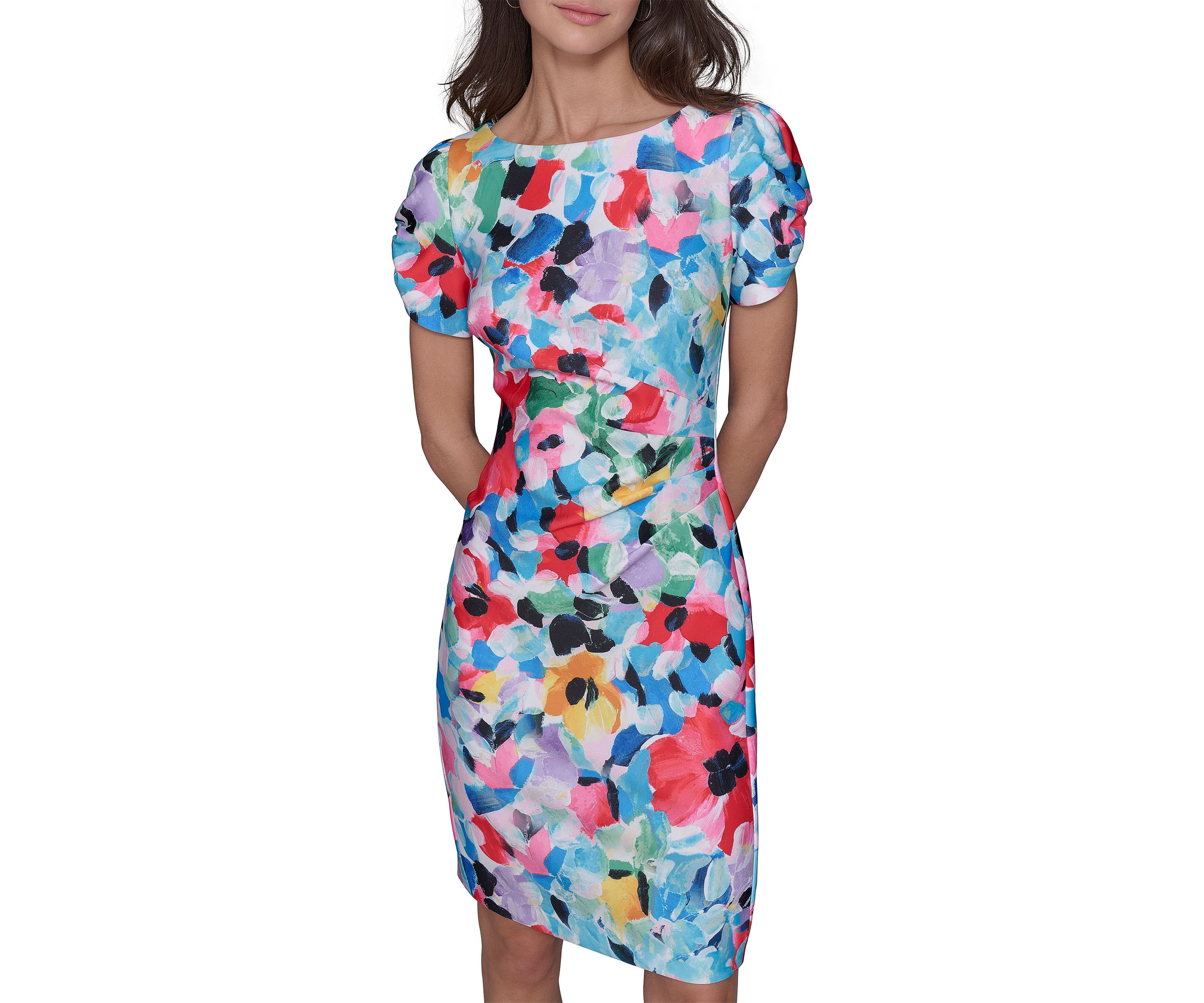 Womens Printed Scuba Sheath Dress with Puff Sleeves