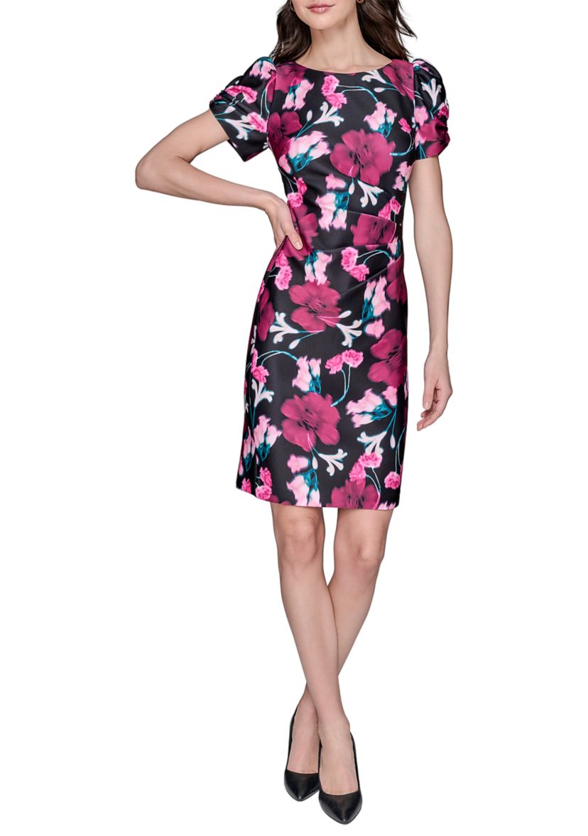 Womens Scuba Printed Puff Sleeve Sheath Dress