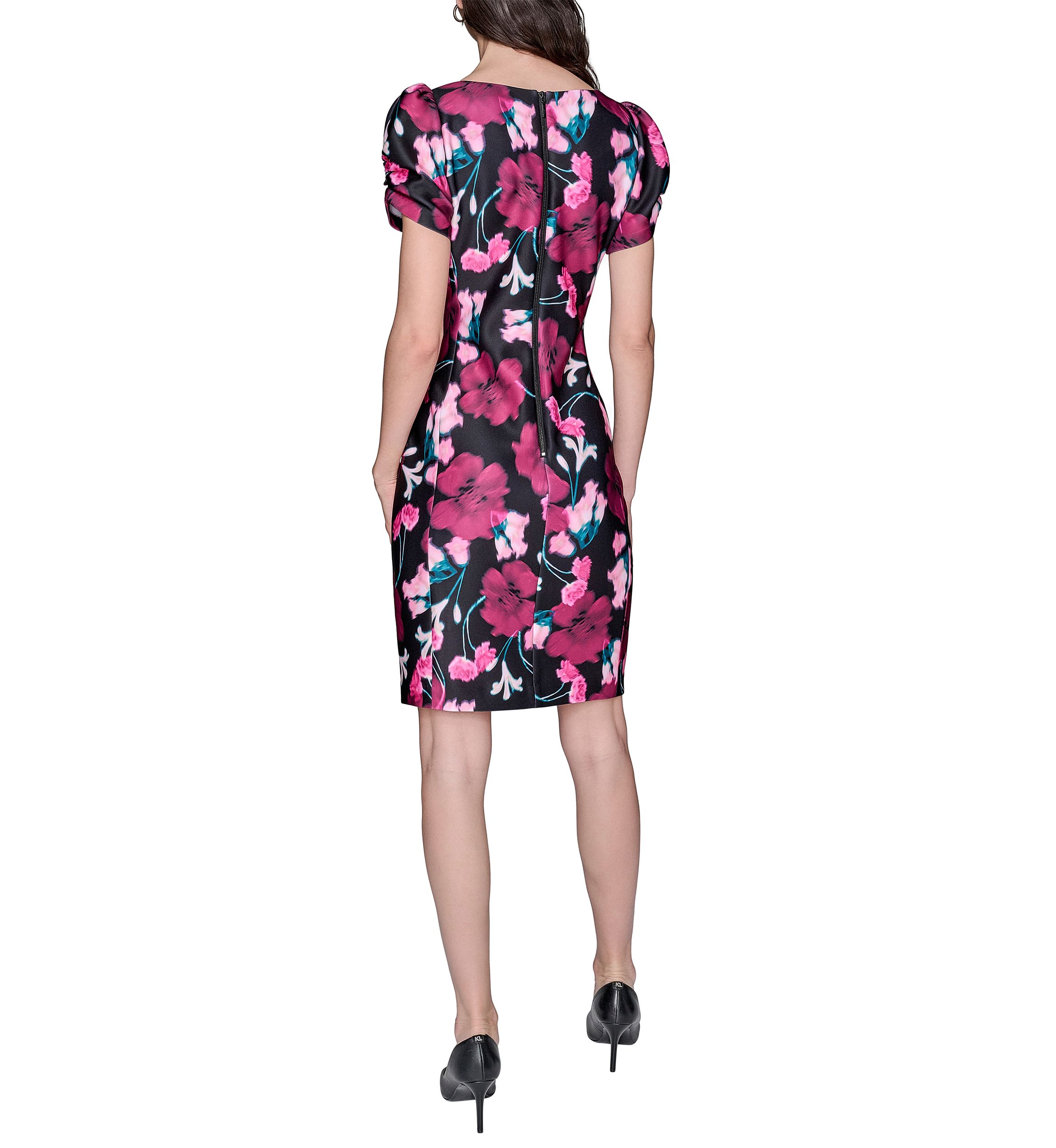 Womens Scuba Printed Puff Sleeve Sheath Dress