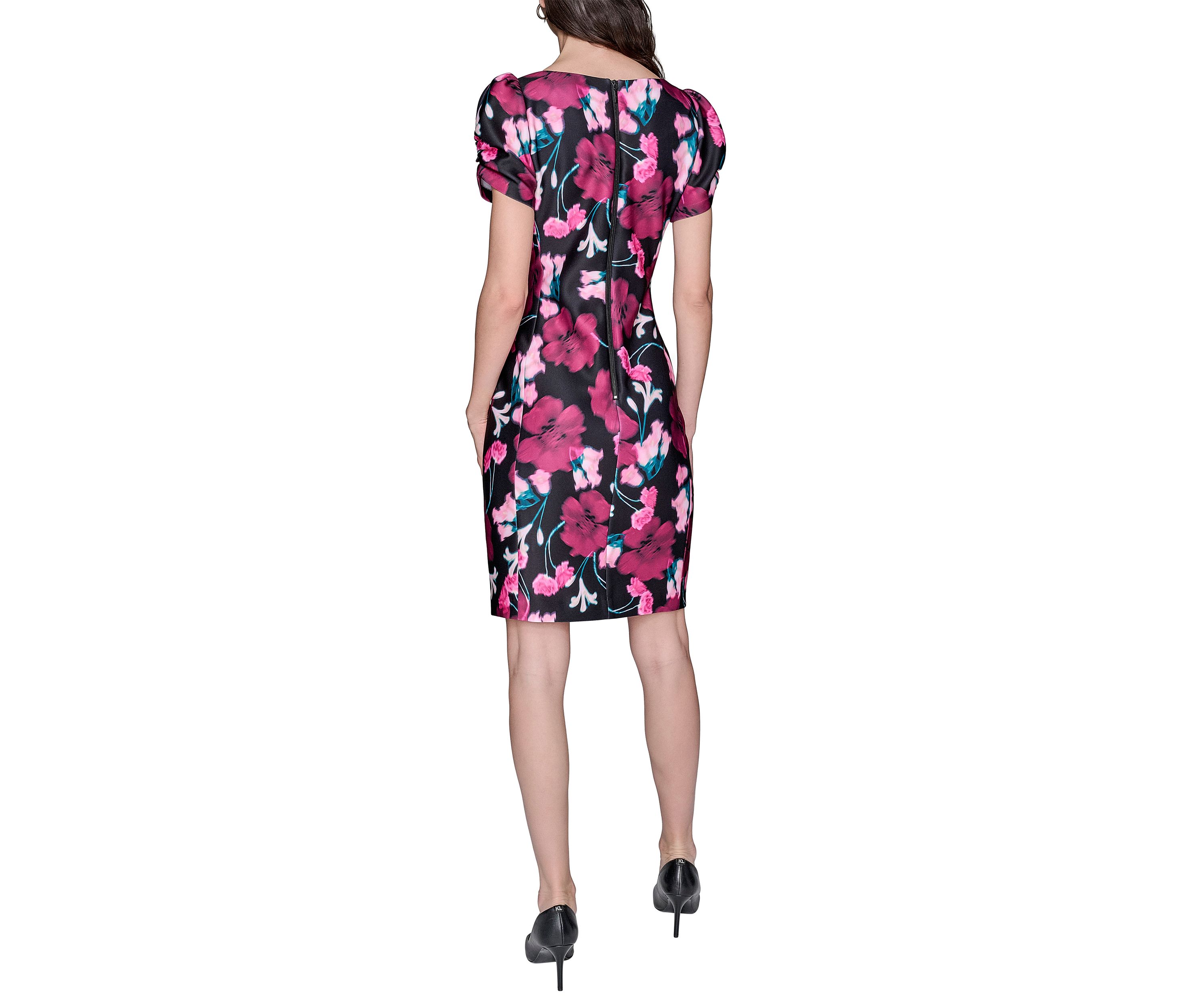 Womens Scuba Printed Puff Sleeve Sheath Dress