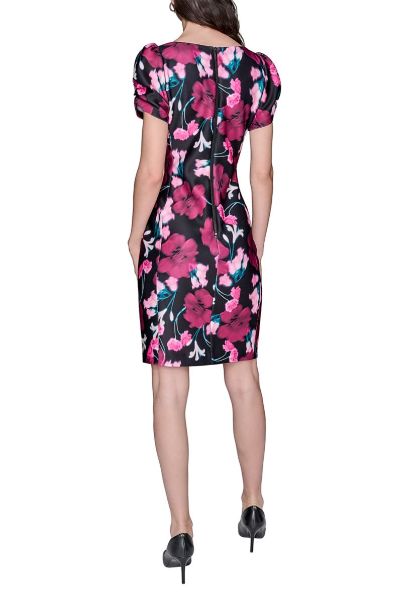 Womens Scuba Printed Puff Sleeve Sheath Dress