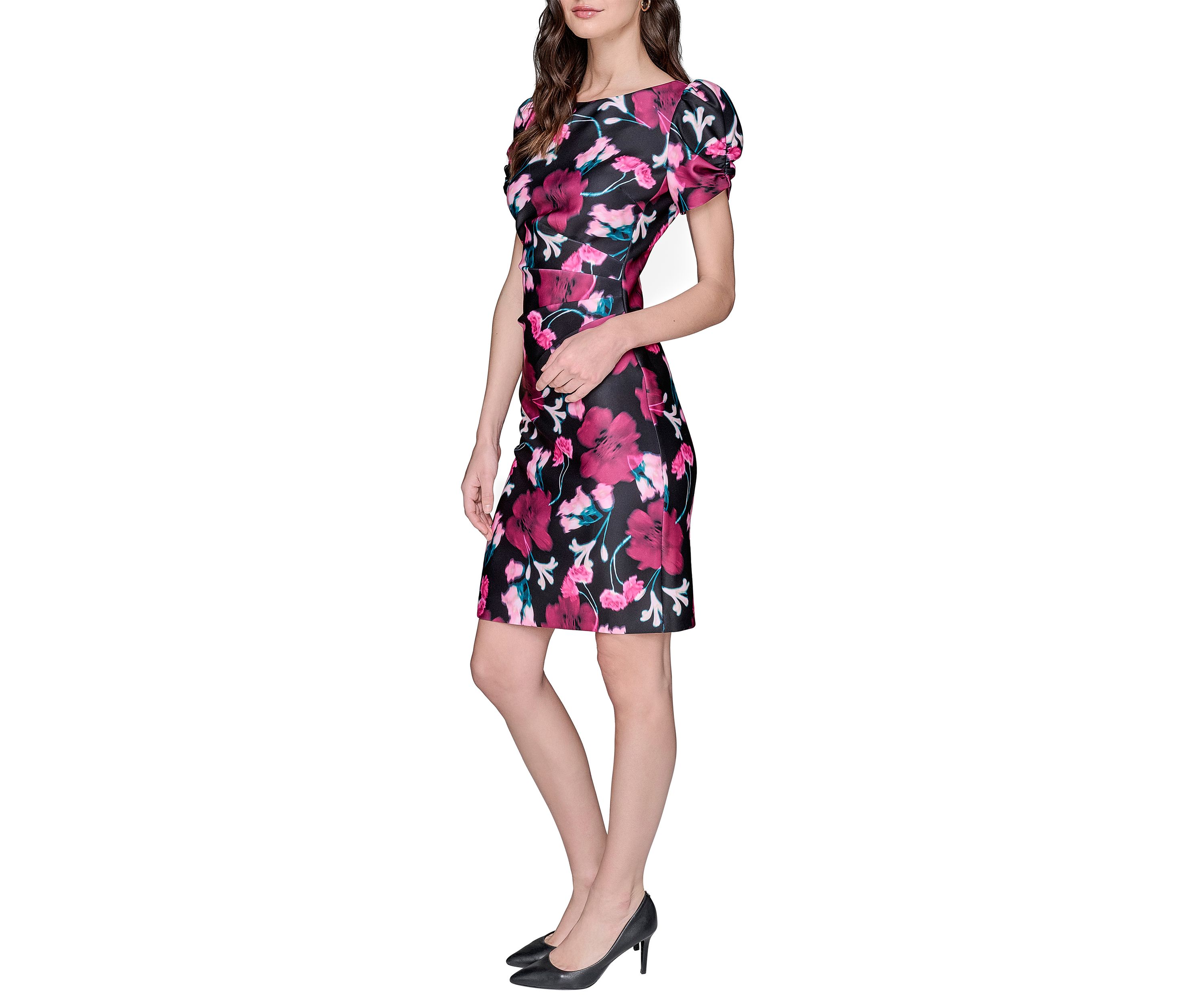 Womens Scuba Printed Puff Sleeve Sheath Dress
