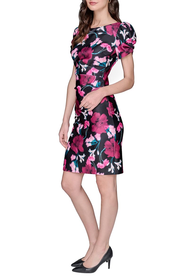 Womens Scuba Printed Puff Sleeve Sheath Dress