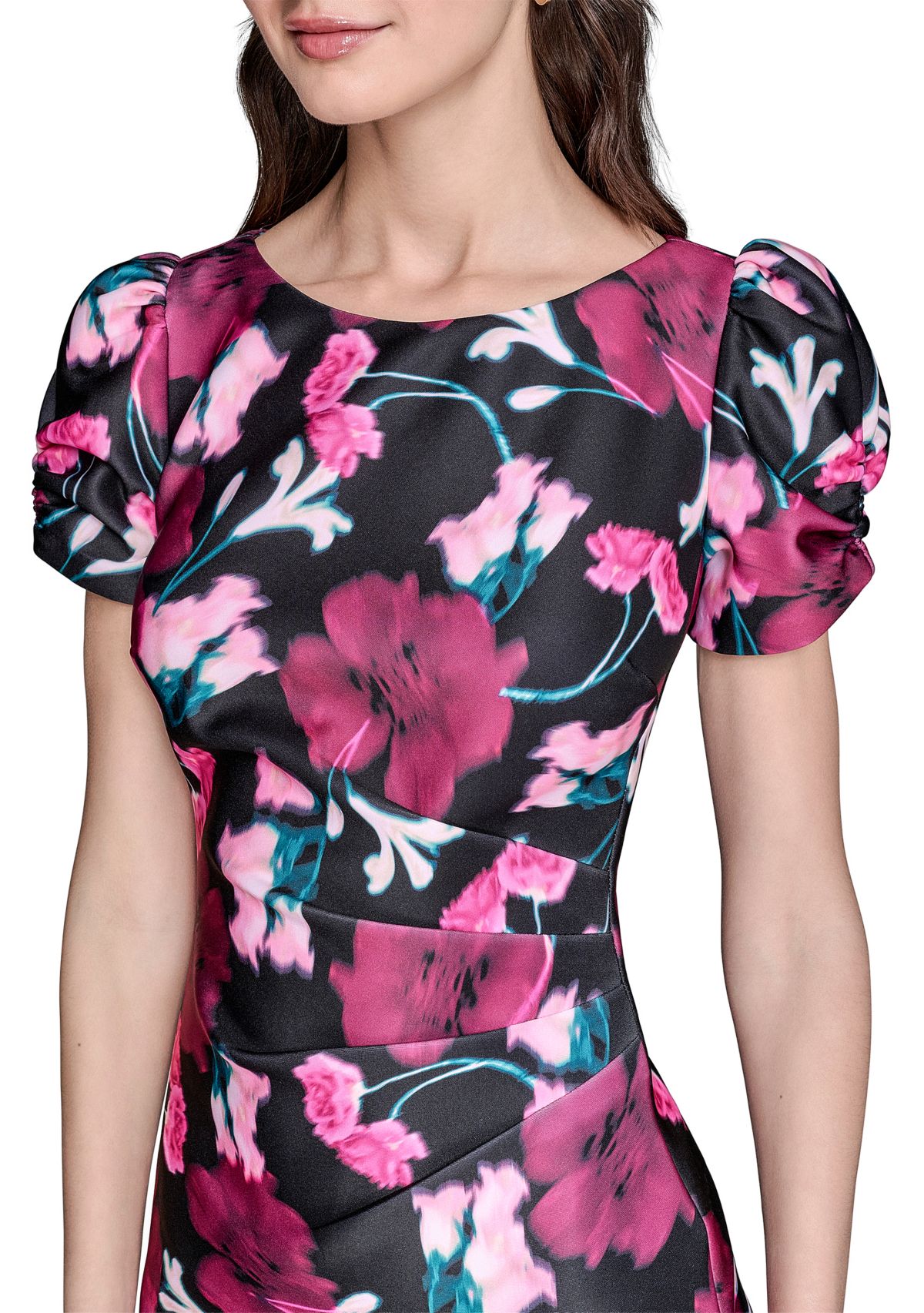 Womens Scuba Printed Puff Sleeve Sheath Dress