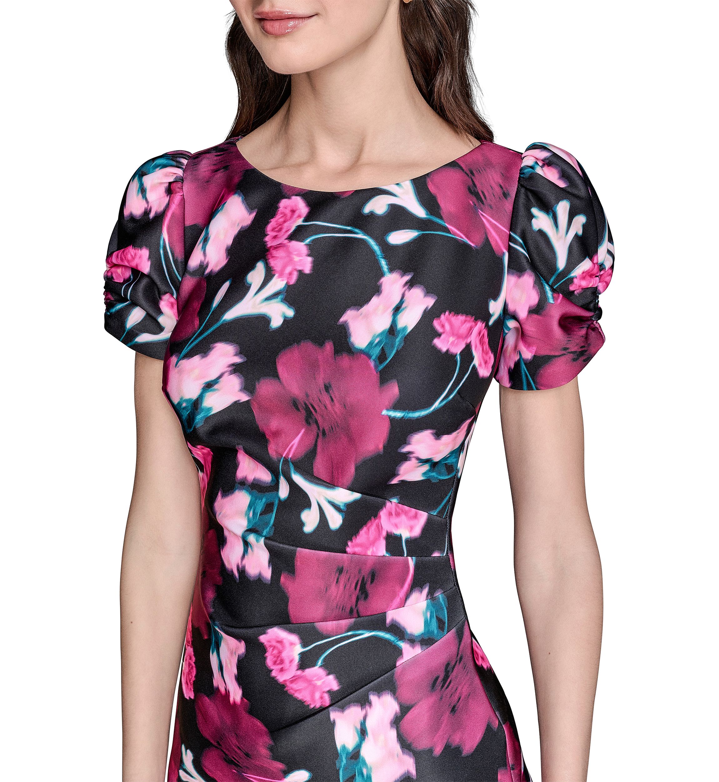 Womens Scuba Printed Puff Sleeve Sheath Dress