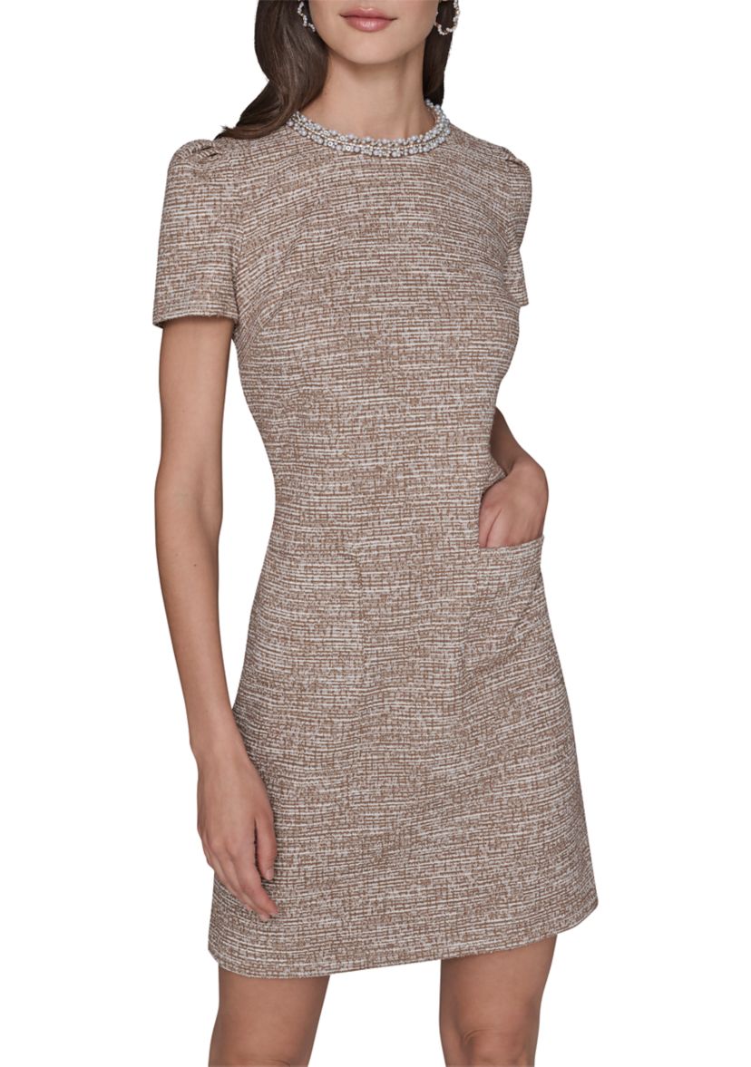 Womens Knit Tweed Dress with Front Pockets and Embellished Neckline