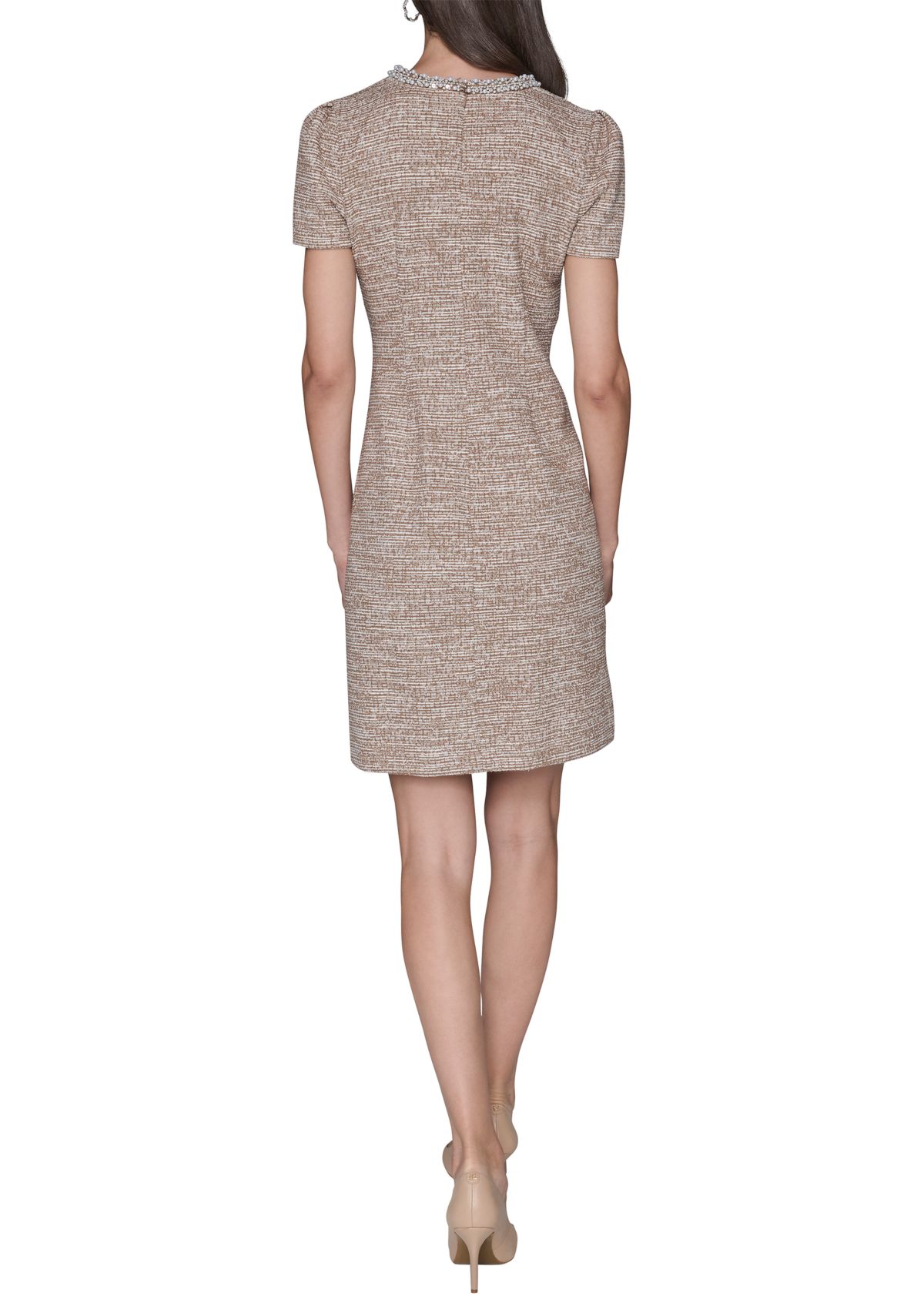 Womens Knit Tweed Dress with Front Pockets and Embellished Neckline