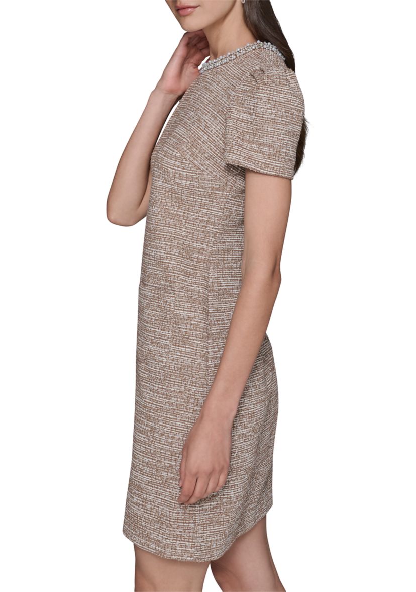 Womens Knit Tweed Dress with Front Pockets and Embellished Neckline