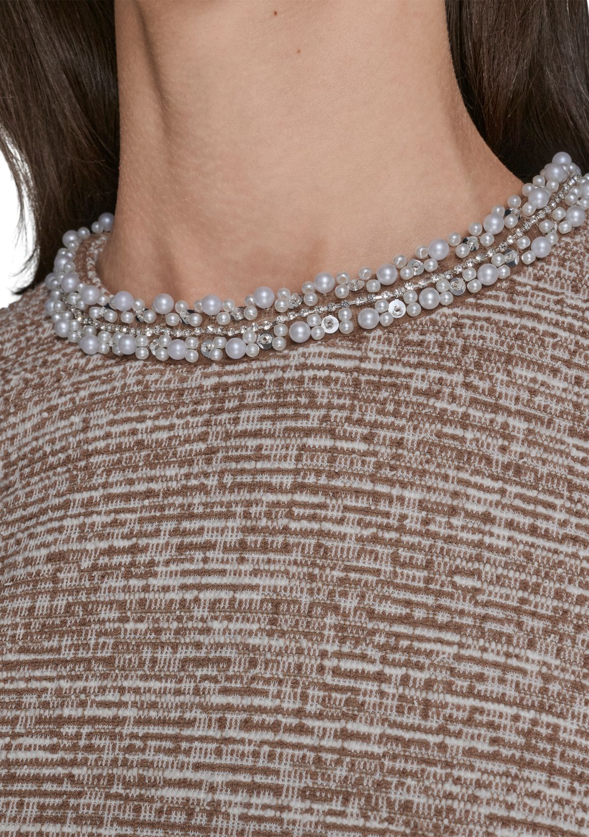 Womens Knit Tweed Dress with Front Pockets and Embellished Neckline