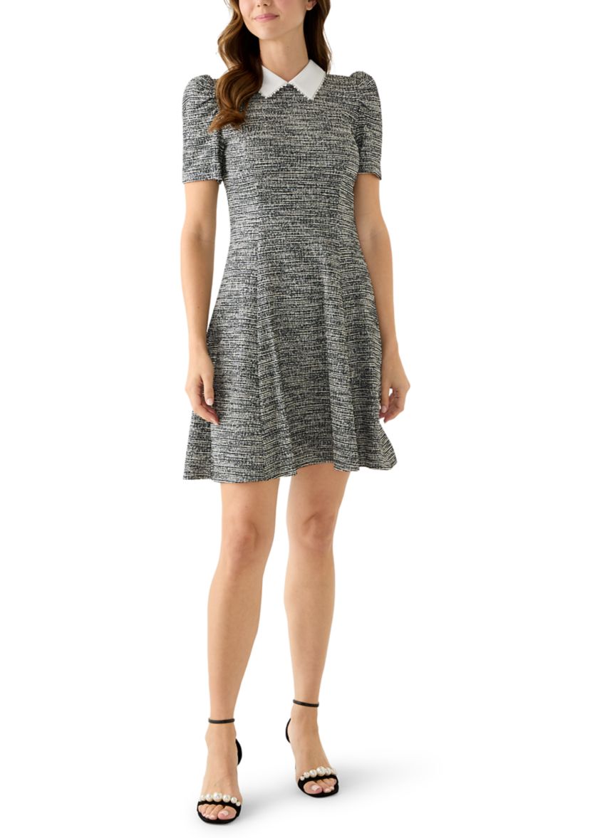 Womens Knit Tweed A-Line Dress with Embellished Collar