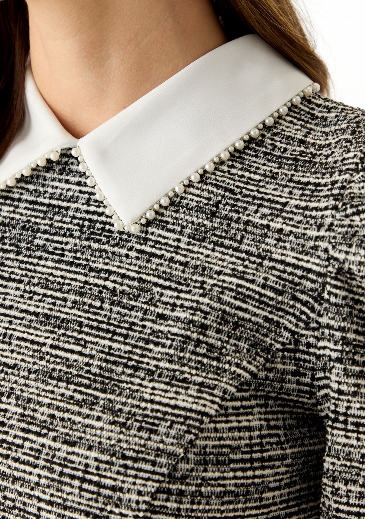 Womens Knit Tweed A-Line Dress with Embellished Collar