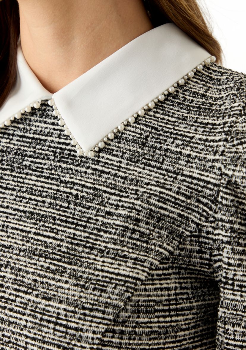 Womens Knit Tweed A-Line Dress with Embellished Collar