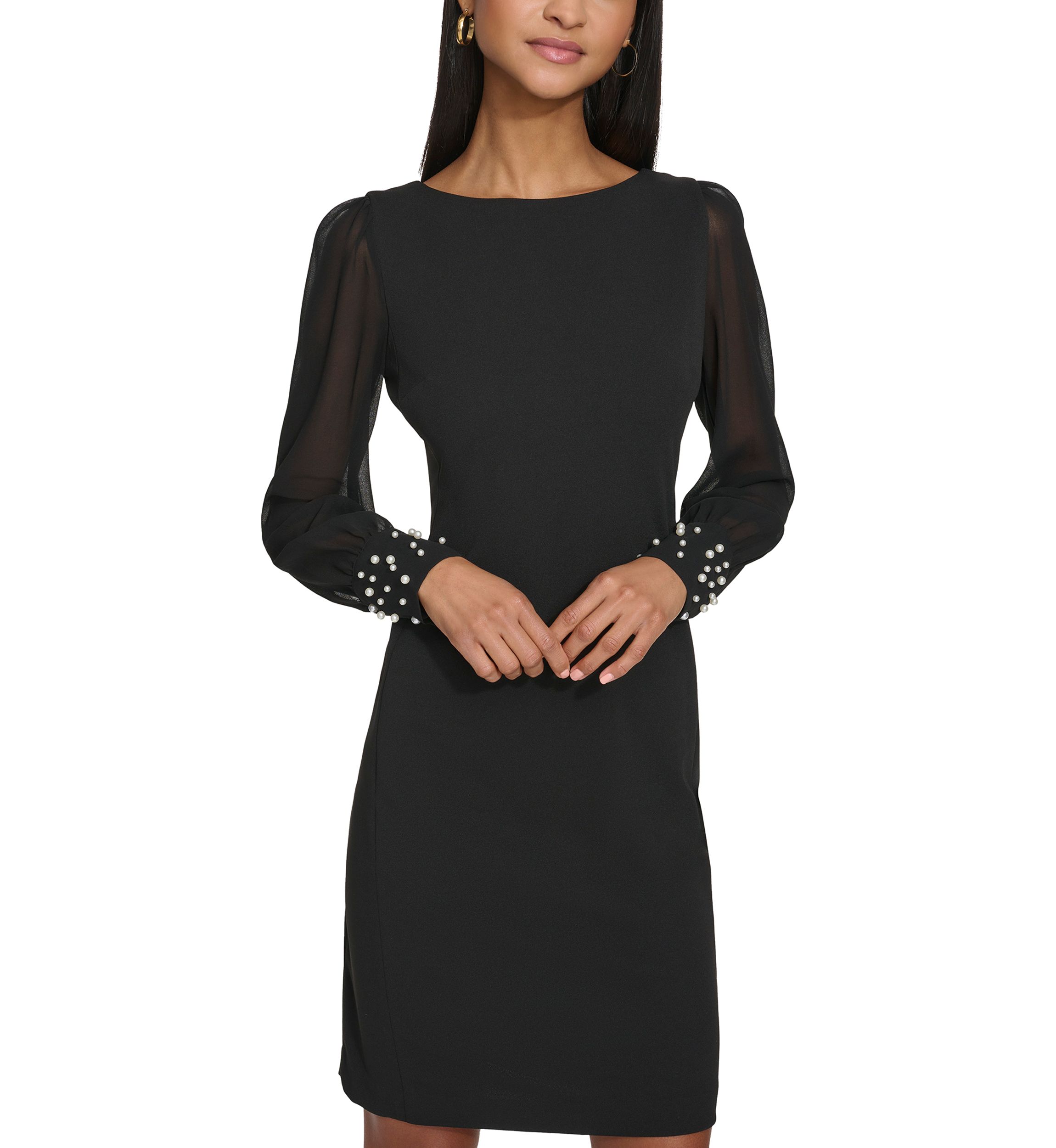 Womens Scuba Crepe Sheath Dress with Pearl Cuff 