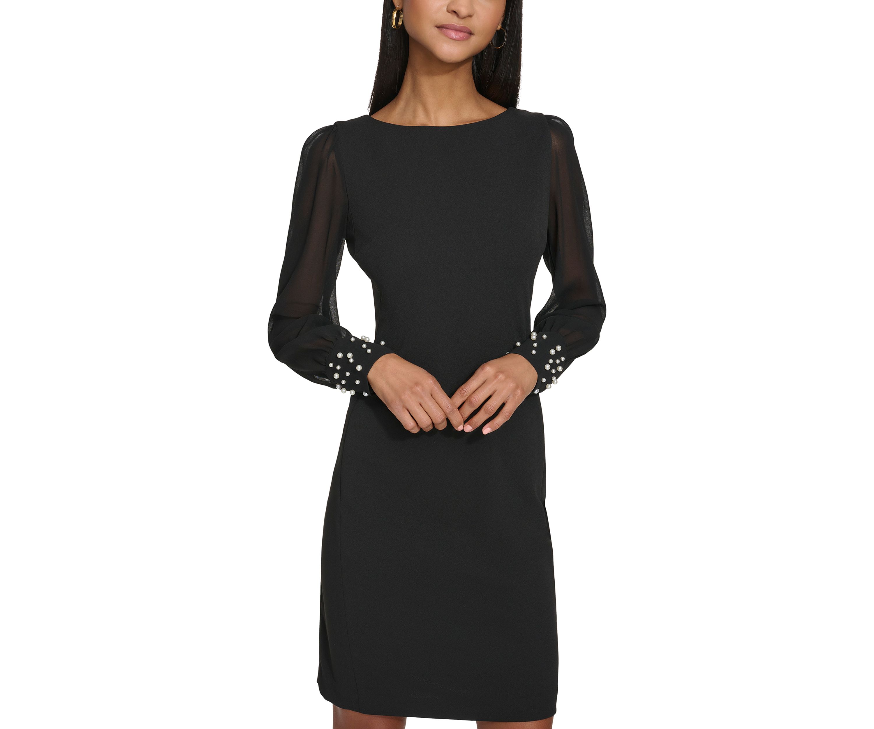 Womens Scuba Crepe Sheath Dress with Pearl Cuff 