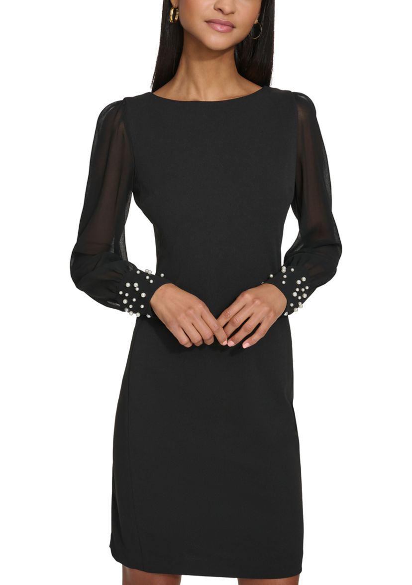 Womens Scuba Crepe Sheath Dress with Pearl Cuff 
