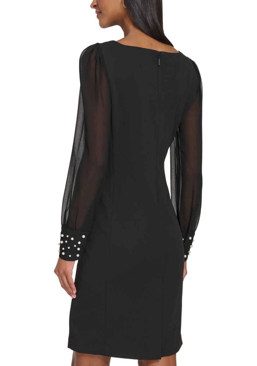 Womens Scuba Crepe Sheath Dress with Pearl Cuff 