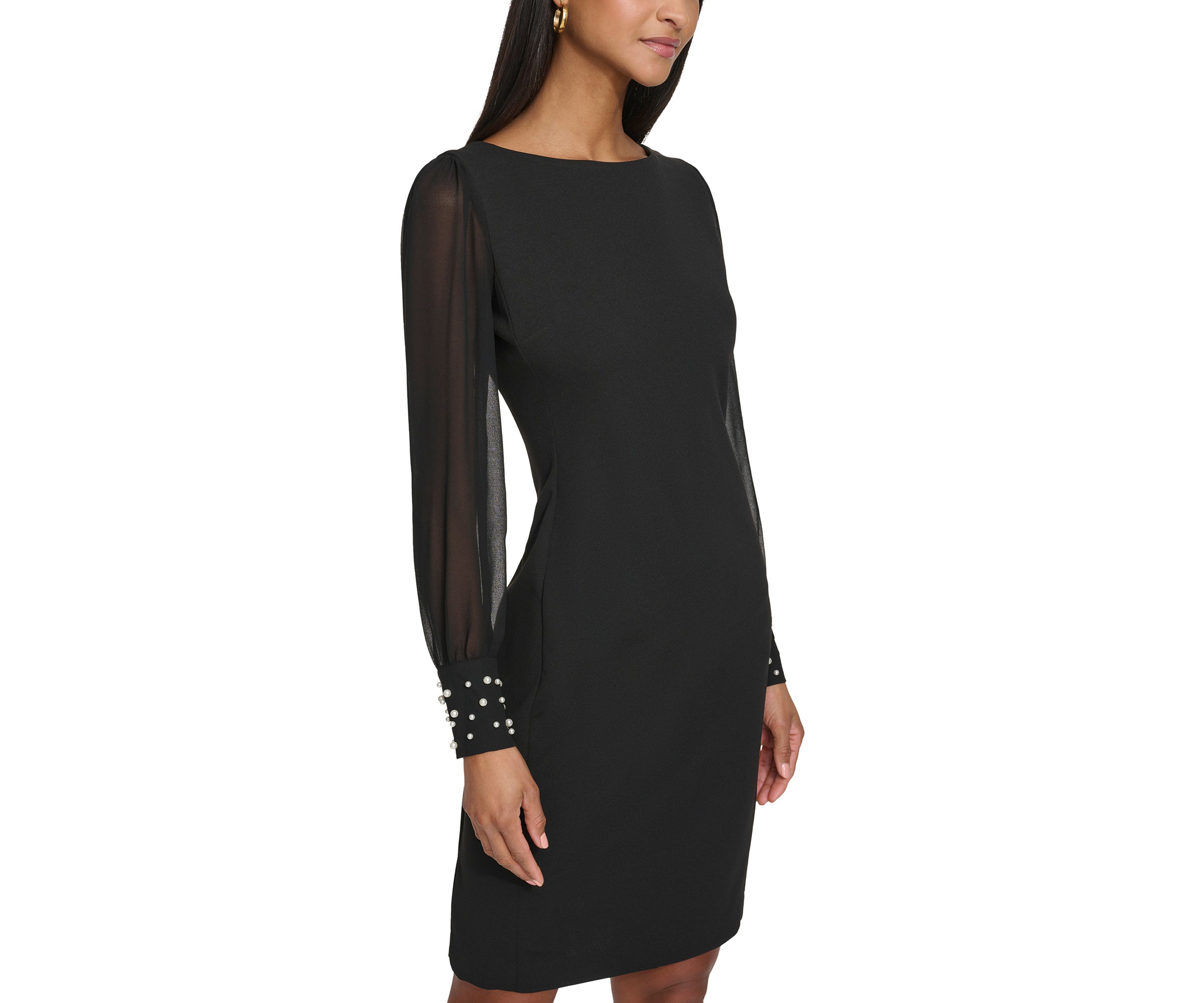Womens Scuba Crepe Sheath Dress with Pearl Cuff 