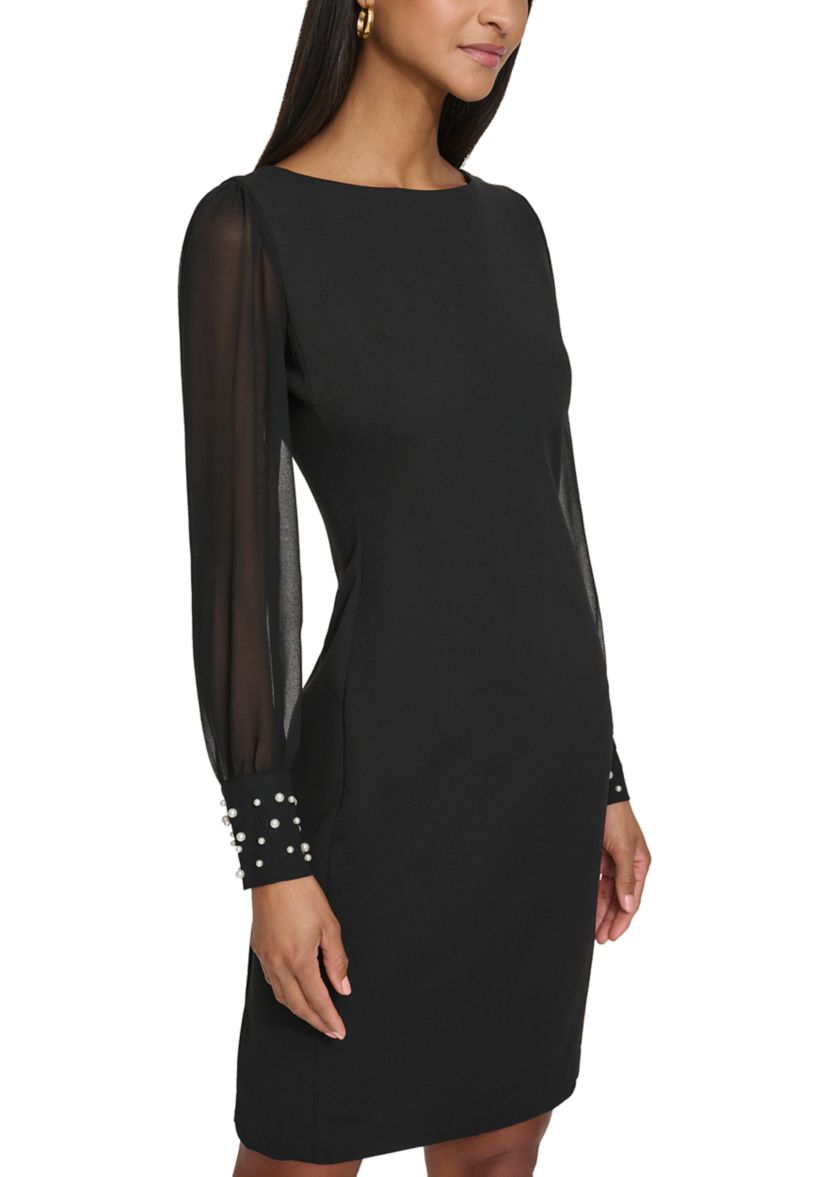 Womens Scuba Crepe Sheath Dress with Pearl Cuff 