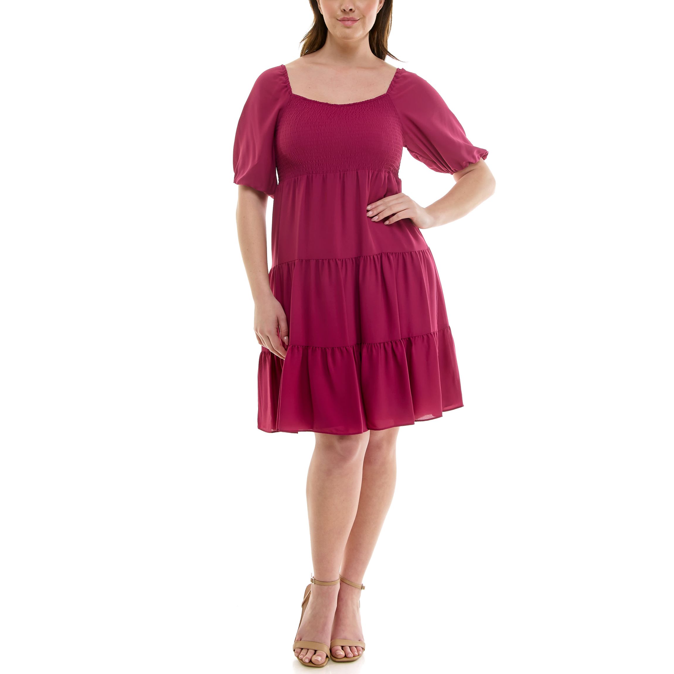 Square Smocked Neck Short Sleeve Tiered Dress