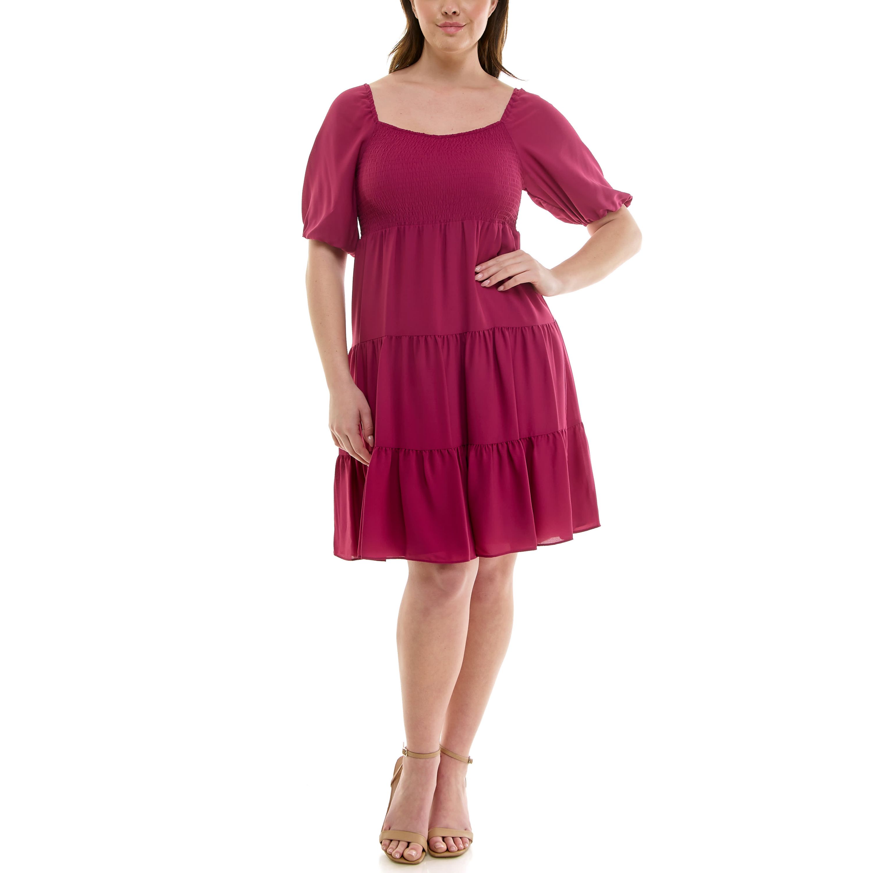 Square Smocked Neck Short Sleeve Tiered Dress
