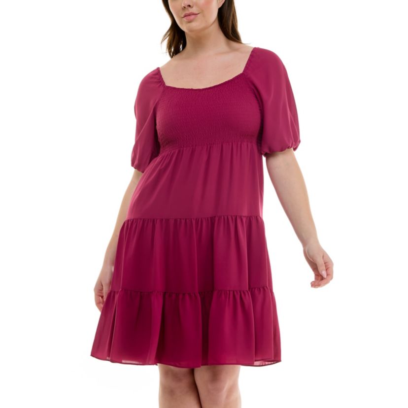 Square Smocked Neck Short Sleeve Tiered Dress