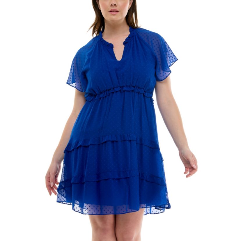 Ruffle V Neck Cap Sleeve Tiered Dress