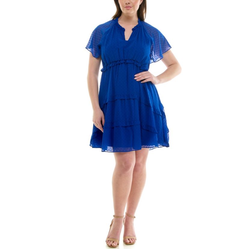 Ruffle V Neck Cap Sleeve Tiered Dress