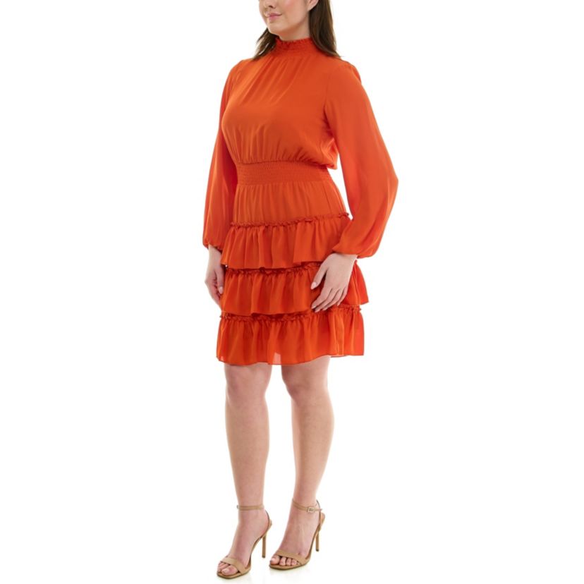Mock Neck Long Sleeve 3 Tiered Ruffle Dress