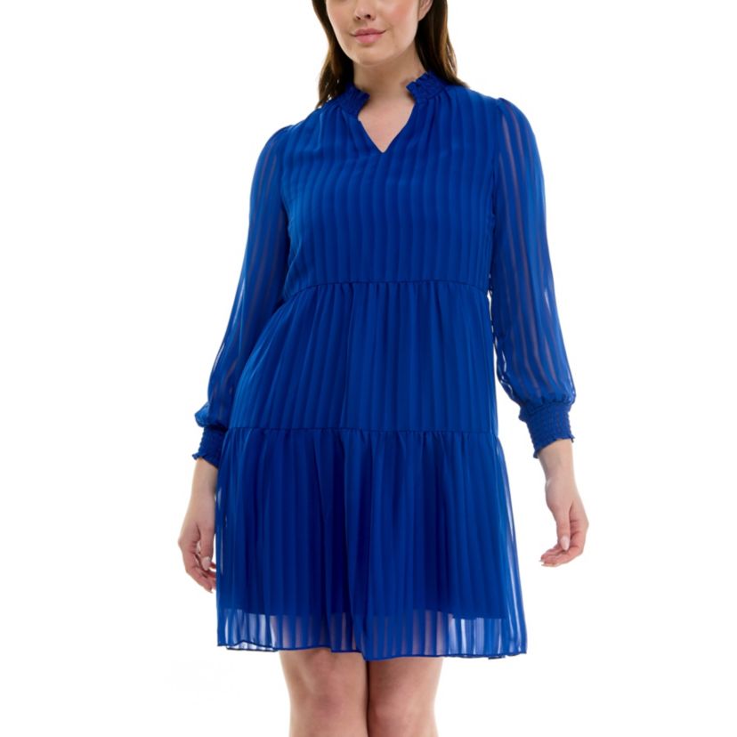 Ruffle Neck Long Smocked Detail  Sleeve Tiered Dress