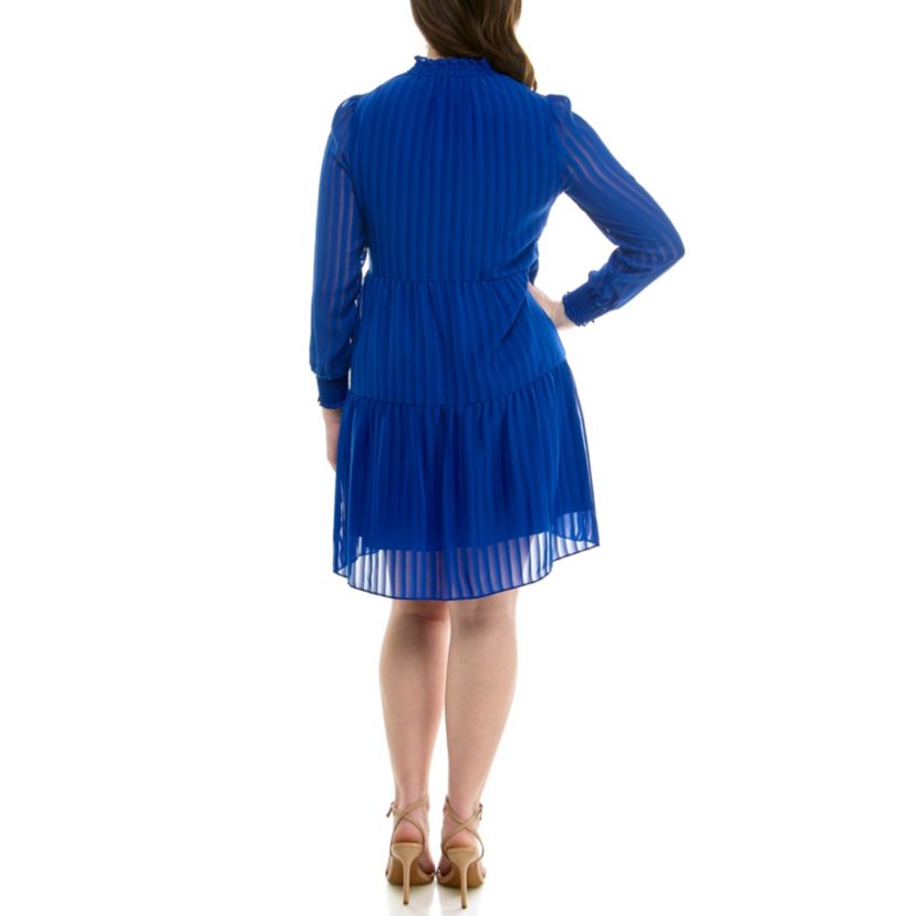 Ruffle Neck Long Smocked Detail  Sleeve Tiered Dress