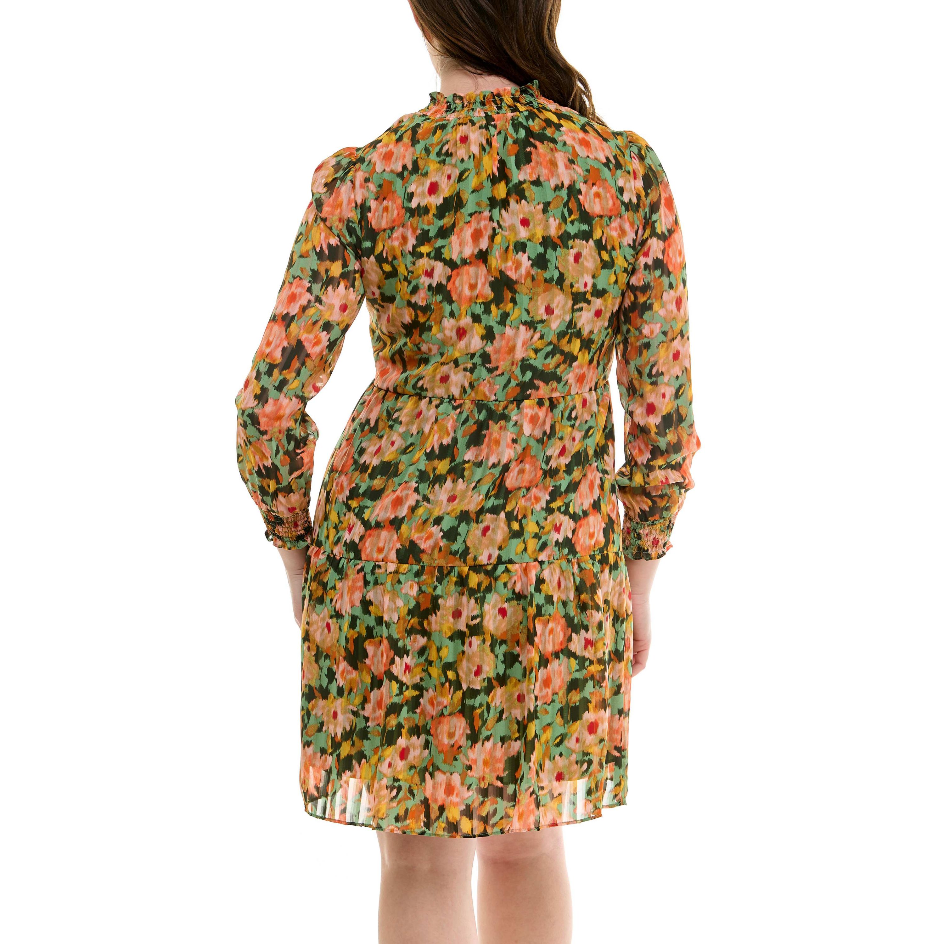Ruffled Neck Long Sleeve Printed Tiered Dress