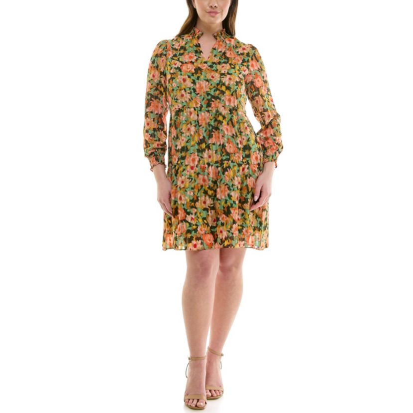 Ruffled Neck Long Sleeve Printed Tiered Dress