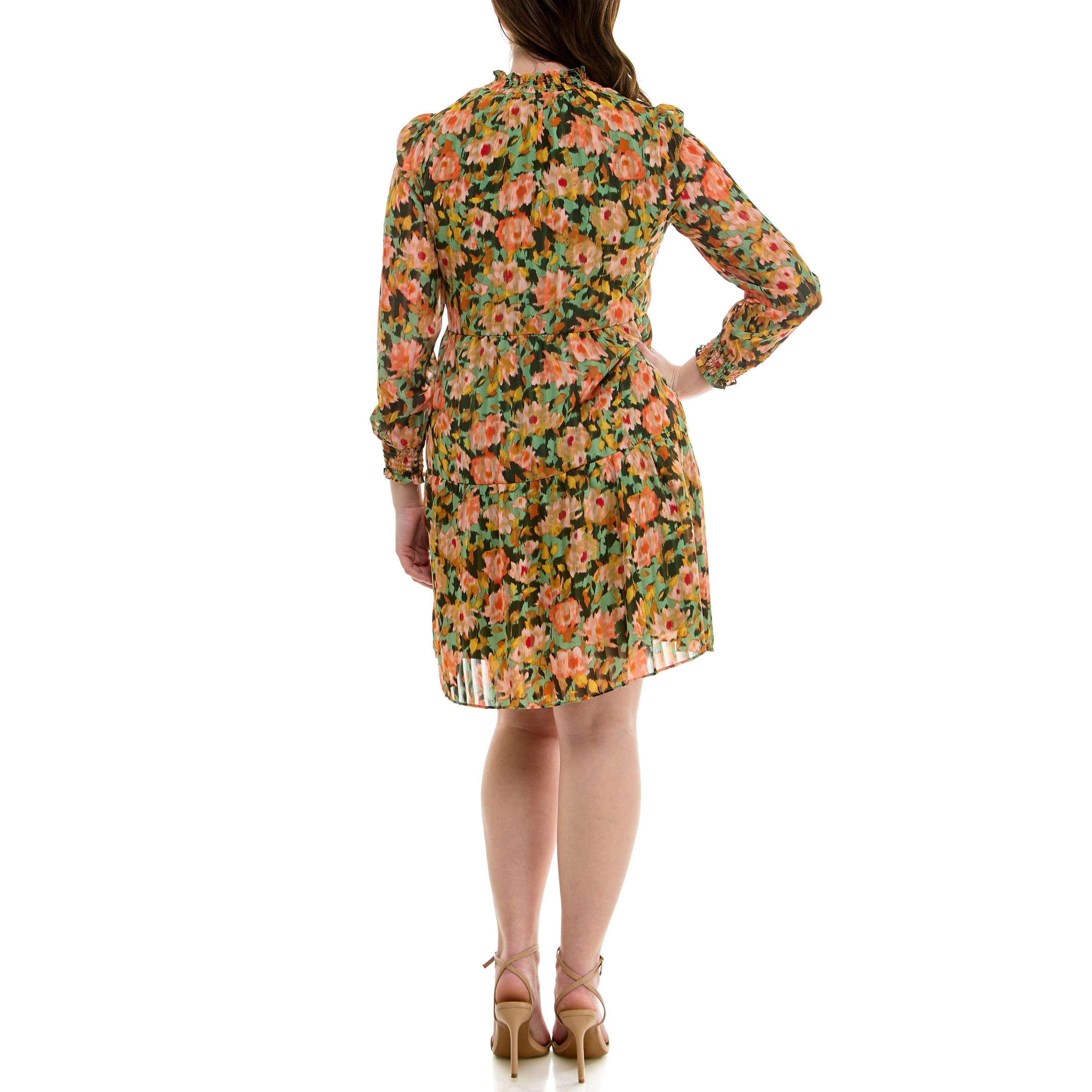 Ruffled Neck Long Sleeve Printed Tiered Dress