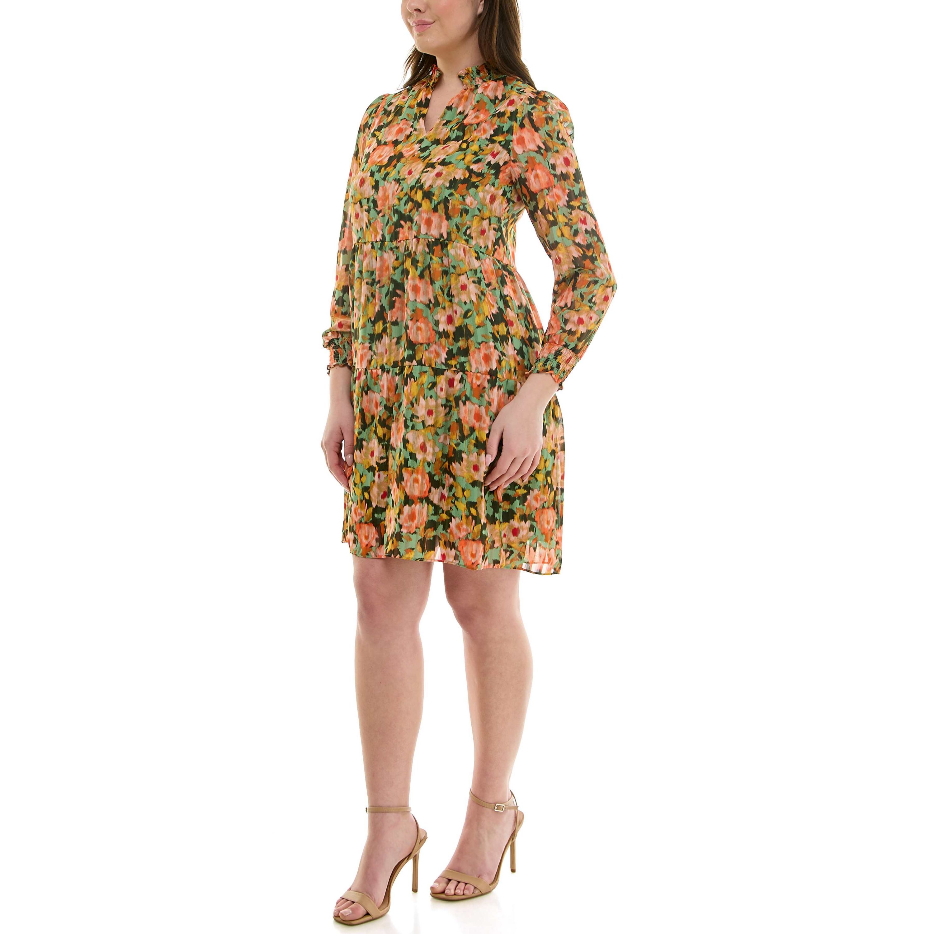 Ruffled Neck Long Sleeve Printed Tiered Dress