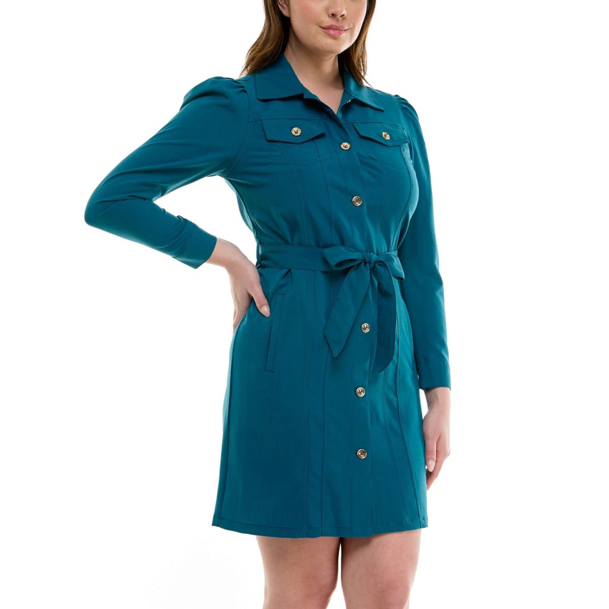 Collared Neckline  Puff Sleeve 4 Pocket Button Front Belted Dress