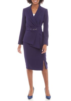 Tahari Women's Nested Suit, Belted Jacket and Skirt, Navy Blue, 16