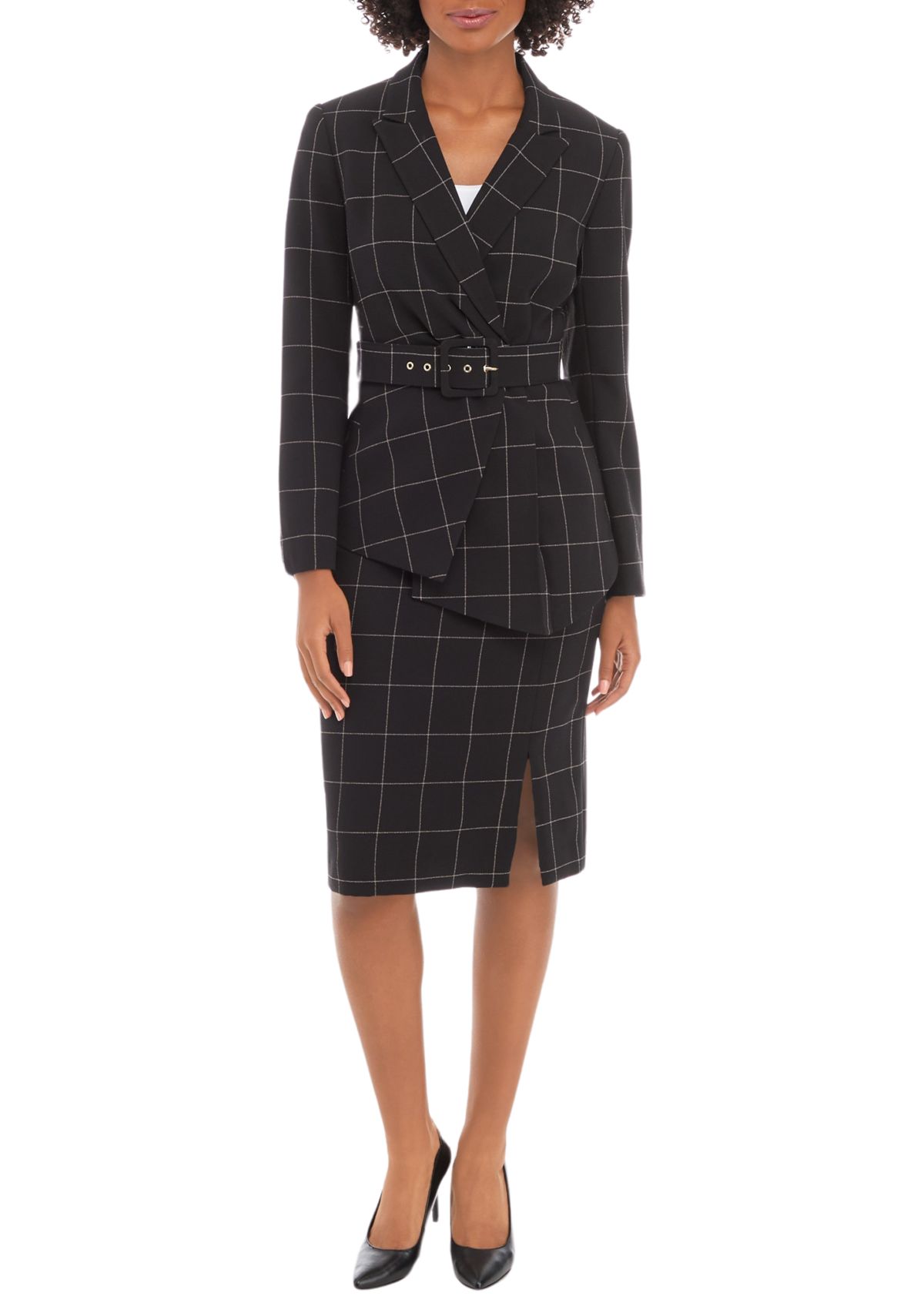 WINDOWPANE BELTED JACKET AND SKIRT